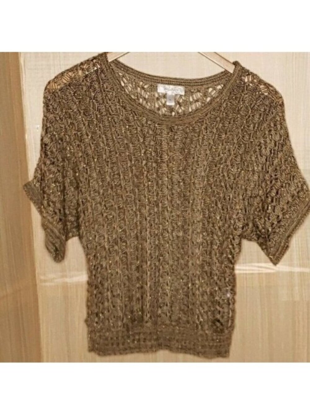 Dressbarn Womens Open Knit Tan Gold Short Sleeve Sweater Medium